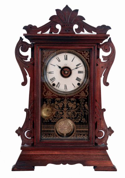 Seth Thomas Clock Co., Thomaston, Conn., "Newark", city series 8 days, time and strike, spring driven brass movement with "Winwards Patent Railway Alarm" shelf clock with alarm lever on top allowing the user to turn off the alarm rather than waiting for it to run down, c1887.