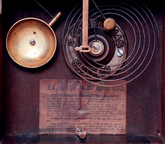 Seth Thomas Clock Co., Thomaston, Conn., "Newark", city series 8 days, time and strike, spring driven brass movement with "Winwards Patent Railway Alarm" shelf clock with alarm lever on top allowing the user to turn off the alarm rather than waiting for it to run down, c1887.