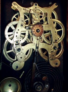 Seth Thomas Clock Co., Thomaston, Conn., "Newark", city series 8 days, time and strike, spring driven brass movement with "Winwards Patent Railway Alarm" shelf clock with alarm lever on top allowing the user to turn off the alarm rather than waiting for it to run down, c1887.