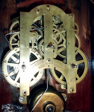 Ansonia Clock Co., New York, NY, "Queen Isabella", 8 days, time and strike, spring brass movement wall clock, c1904