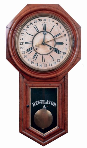 Ansonia Clock Co., New York, NY, "Regulator A", 8 days, time and strike, spring brass movement calendar wall clock, c1901