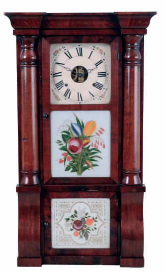 Seth Thomas Clock Co., Thomaston, Conn., "Cornice & Column" shelf clock in a mahogany case with a weight driven, 8 days, time and strike, lyre movement, c1870.