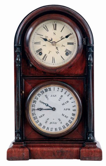 Welch, Spring & Co., Forestville, Conn., "Italian No. 3" shelf clock in a rosewood veneered case with a spring driven, 8 days, time and strike movement and a B. B. Lewis patented perpetual calendar mechanism, c1872.