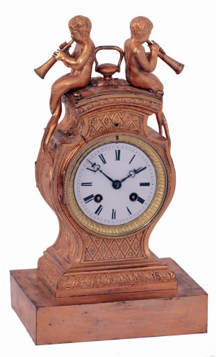 French cast gilt metal figural, 8 days, time and count wheel striking mantel clock, movement stamped "T.M. & Cie, Paris" and "Japy Freres Medaille D