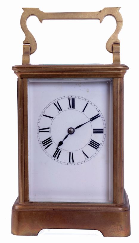 France, carriage clock with travel case, gilt brass Corniche variant case with beveled glasses, Roman numeral white enamel dial, blued steel hands, 8 days, time and strike movement with lever platform, leather covered wooden case with sliding panel and key, c1900