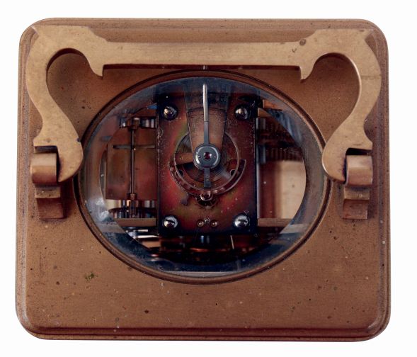 France, carriage clock with travel case, gilt brass Corniche variant case with beveled glasses, Roman numeral white enamel dial, blued steel hands, 8 days, time and strike movement with lever platform, leather covered wooden case with sliding panel and key, c1900