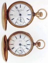 Pocket watches- 2 (Two): Both 18 size, 11- 15 jewel Rockford, both with Roman numeral white enamel dials, both in gold filled hunting cases, serial #s 220888 and 282339