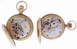 Pocket watches- 2 (Two): Both 18 size, 11- 15 jewel Rockford, both with Roman numeral white enamel dials, both in gold filled hunting cases, serial #s 220888 and 282339