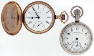 Pocket watches- 2 (Two): A 16 size, 17 jewel Waltham, Roman numeral white enamel dial, gold filled open face case, serial #12008540, and a 16 size, 15 jewel Non Magnetic Watch Co., of America, Arabic numeral white enamel dial, nickel display case, serial #275616