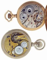 Pocket watches- 2 (Two): A 16 size, 17 jewel Waltham, Roman numeral white enamel dial, gold filled open face case, serial #12008540, and a 16 size, 15 jewel Non Magnetic Watch Co., of America, Arabic numeral white enamel dial, nickel display case, serial #275616