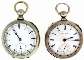 Pocket watches- 2 (Two): The first an 18 size, 7 jewel Waltham "Wm. Ellery", key wind and set gilt movement, Roman numeral white enamel dial, silveroid open face case, with later chain, serial #232817, and an 18 size, 11- 15 jewel Illinois "Columbus Time", key wind and set gilt movement, Roman numeral white enamel dial, coin silver, open face case, serial #170824