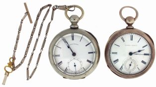 Pocket watches- 2 (Two): The first an 18 size, 7 jewel Waltham "Wm. Ellery", key wind and set gilt movement, Roman numeral white enamel dial, silveroid open face case, with later chain, serial #232817, and an 18 size, 11- 15 jewel Illinois "Columbus Time", key wind and set gilt movement, Roman numeral white enamel dial, coin silver, open face case, serial #170824