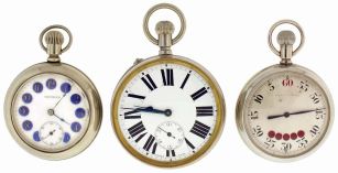 Pocket watches- 3 (Three): An oversized Swiss pocket watch, 6 jewel Roskopf style movement, Roman numeral white enamel dial, base metal open face case, an 18 size Swiss "Aberdeen Watch Co." 11- 15 jewel engraved movement, Arabic numeral multicolor enamel dial, silveroid open face case, and a Berna Watch Co., stopwatch for Abercrombie & Fitch, 6 jewel movement, Arabic numeral silvered dial with 5 minute accumulator, nickel open face case
