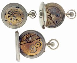Pocket watches- 3 (Three): An oversized Swiss pocket watch, 6 jewel Roskopf style movement, Roman numeral white enamel dial, base metal open face case, an 18 size Swiss "Aberdeen Watch Co." 11- 15 jewel engraved movement, Arabic numeral multicolor enamel dial, silveroid open face case, and a Berna Watch Co., stopwatch for Abercrombie & Fitch, 6 jewel movement, Arabic numeral silvered dial with 5 minute accumulator, nickel open face case