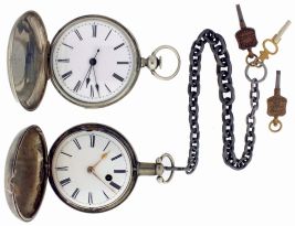 Pocket watches- 2 (Two): One an English verge fusee, Roman numeral white enamel dial, sterling silver hunting case with date letter for the year 1808 with chain and winding keys, the other a Swiss Chinese duplex, engraved movement, Roman numeral white enamel dial, silver hunting case