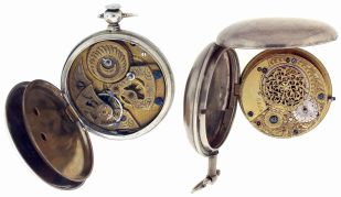 Pocket watches- 2 (Two): One an English verge fusee, Roman numeral white enamel dial, sterling silver hunting case with date letter for the year 1808 with chain and winding keys, the other a Swiss Chinese duplex, engraved movement, Roman numeral white enamel dial, silver hunting case