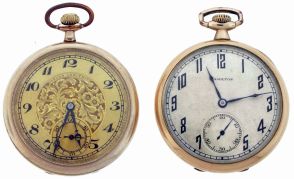 Pocket watches- 2 (Two): A 12 size, 23 jewel Hamilton 920, Arabic numeral metal dial, gold filled open face case, serial #1910071, and a 12 size, 17 jewel Gruen Verithin, Arabic numeral gilt dial, gold filled open face case, serial #498121, both with their original boxes