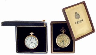 Pocket watches- 2 (Two): A 12 size, 23 jewel Hamilton 920, Arabic numeral metal dial, gold filled open face case, serial #1910071, and a 12 size, 17 jewel Gruen Verithin, Arabic numeral gilt dial, gold filled open face case, serial #498121, both with their original boxes
