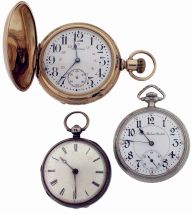 Pocket watches- 3 (Three): An 18 size, 23 jewel Waltham "Vanguard", Canadian Arabic numeral white painted metal dial, gold filled hunting case, serial #12651004, two tone 16 size, 17 jewel, Illinois "Electric Railroad Standard", Arabic numeral white enamel dial, gold filled open face case, serial #1956978, and an English verge fusee by Holland, London, Roman numeral white enamel dial, sterling silver consular open face case with date letter for the year 1850, serial #1824