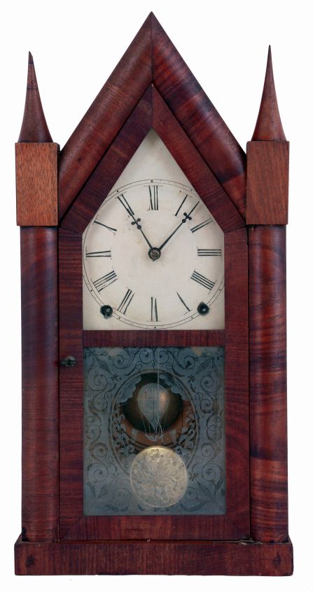 Pond & Barnes, Boston, Mass., Mass. (retailers) with 8 day, time and strike, spring driven brass movement supplied by Terry & Andrews, Bristol, Conn. in sharp gothic or steeple clock, c1850