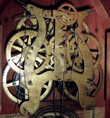 Pond & Barnes, Boston, Mass., Mass. (retailers) with 8 day, time and strike, spring driven brass movement supplied by Terry & Andrews, Bristol, Conn. in sharp gothic or steeple clock, c1850