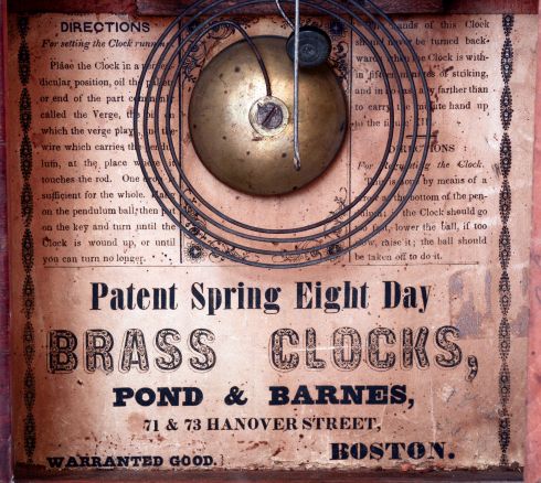 Pond & Barnes, Boston, Mass., Mass. (retailers) with 8 day, time and strike, spring driven brass movement supplied by Terry & Andrews, Bristol, Conn. in sharp gothic or steeple clock, c1850