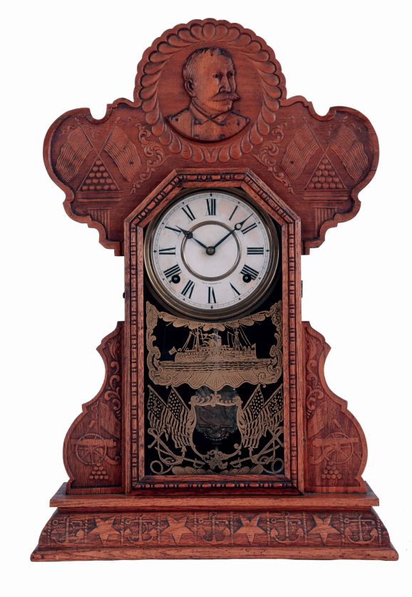 E. Ingraham & Co., Bristol, Conn., "Dewey", 8 days, time and strike, spring driven brass movement shelf clock, c.1899