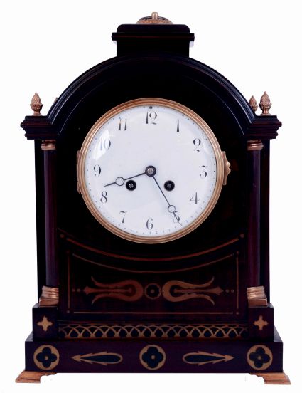 France, bracket clock in the Regency style, mahogany case with brass inlay, pierced brass frets at case sides, turned brass bezel, Arabic numeral white enamel dial, blued steel Breguet style hands, 8 days, time and strike, pendule a Paris movement, c1900