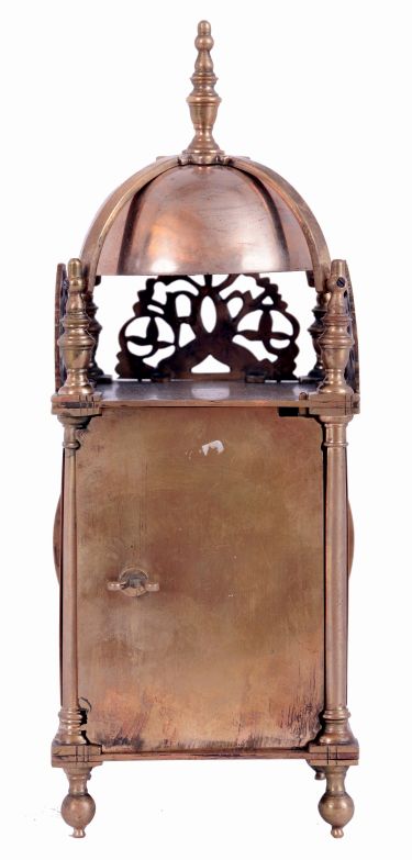 French, 8 days, spring brass lever movement copy of a Lantern clock, c1900 This example is a timepiece.