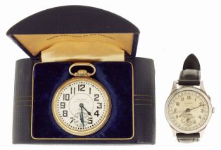 Watches- 2 (Two): A 16 size, 23 jewel Waltham "Premier", Arabic numeral white enamel dial, gold filled open face case, with box, serial #29455195, and a Longines wrist watch with date, Arabic numeral metal dial with peripheral date indication, 15 jewel nickel plate movement, serial #6717583