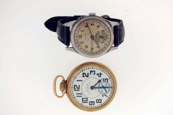 Watches- 2 (Two): A 16 size, 23 jewel Waltham "Premier", Arabic numeral white enamel dial, gold filled open face case, with box, serial #29455195, and a Longines wrist watch with date, Arabic numeral metal dial with peripheral date indication, 15 jewel nickel plate movement, serial #6717583