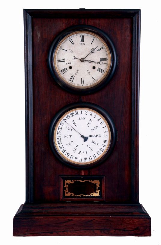 B.B. Lewis, Bristol, Conn., 8 days, time and strike weight driven brass movement double dial calendar shelf clock, c1868