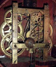 B.B. Lewis, Bristol, Conn., 8 days, time and strike weight driven brass movement double dial calendar shelf clock, c1868