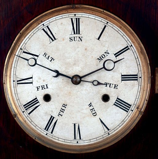 B.B. Lewis, Bristol, Conn., 8 days, time and strike weight driven brass movement double dial calendar shelf clock, c1868