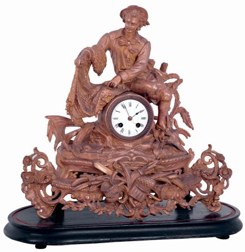 French cast fisherman spelter figural, 8 days, time and strike, mantel clock on painted wood base (no glass dome), unsigned movement, c1880