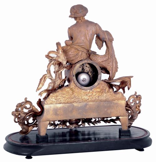 French cast fisherman spelter figural, 8 days, time and strike, mantel clock on painted wood base (no glass dome), unsigned movement, c1880