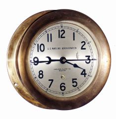 Chelsea Clock Co., Boston, Mass., for U.S. Maritime Administration, brass 5" dial, 8 days, time only marine clock #688336, screw bezel, center sweep seconds, c1960