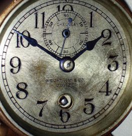 Chelsea Clock Co., Boston, Mass., for Wright, Kay & Co., Detroit, "Commodore", 2 3/4" dial brass time only, 8 days, desk clock, #153371, 1923