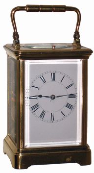 French, 8 days, time, strike and repeat brass and beveled glass carriage clock, c1900