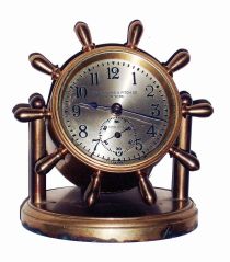 Chelsea Clock Co., Boston, Mass., for Abercrombie & Fitch Co., New York, NY, "Clinton", brass, 8 days, time only swivel head yacht wheel desk clock, 2 3/4" dial, c1930