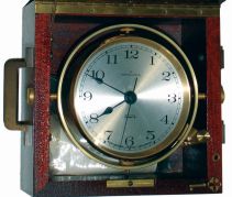 Hamilton Chronometron HF-Quartz CQ 2003, electronic chronometer with high frequency quartz oscillator, brushed Arabic numeral metal dial, black spade hands and seconds hand, brass colored tub in gimbals, all contained in a mahogany box with brass hardware, with papers, c1975