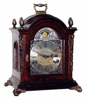 Warmink, Wuba, Netherlands, walnut reproduction, 8 days, platform escapement, quarter chiming bracket clock with moon phase dial, late 20th century