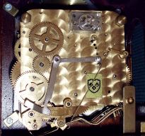 Warmink, Wuba, Netherlands, walnut reproduction, 8 days, platform escapement, quarter chiming bracket clock with moon phase dial, late 20th century