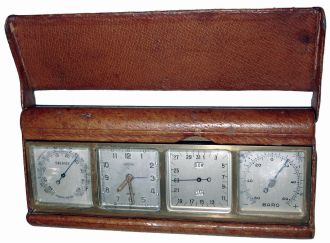 Angelus, Swiss-made four dial weather station in brass, leather and clear acrylic case, 8 days movement with alarm, calendar, barometer and Celsius thermometer, c1955