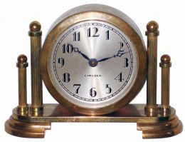 Chelsea Clock Co., Boston, Mass., "Miss Doris", brass, 8 days, time only rear wind desk clock, 2 3/4" dial, #269109 (scribed on bottom), 1940, with 1941 dedication "Silver Foils Championship Presented by Pinehurst Country Club Won by ...."
