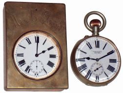 Coach Watches- 2 (Two) Swiss 15 jewel, 8 days, time only watches. One with pin set base metal case with dial signed Harris & Nixon, New York. Another unsigned 15 jewel in rectangular brass engraved "M. A. Hoyt"; both early 20th century
