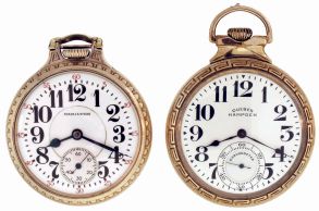 Pocket watches- 2 (Two): The first a 16 size, 21 jewel Hampden Chronometer, gold filled screw back and bezel open face case, Arabic numeral white enamel dial marked "Chronometer" on seconds bit, serial #3544493, the other a 16 size, 21 jewel Hamilton 992, gold filled, screw back and bezel, bar over crown open face case, Arabic numeral white enamel dial, serial #2372625