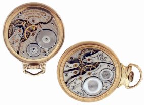 Pocket watches- 2 (Two): The first a 16 size, 21 jewel Hampden Chronometer, gold filled screw back and bezel open face case, Arabic numeral white enamel dial marked "Chronometer" on seconds bit, serial #3544493, the other a 16 size, 21 jewel Hamilton 992, gold filled, screw back and bezel, bar over crown open face case, Arabic numeral white enamel dial, serial #2372625