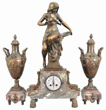 Irving Miller & Co., France, three-piece figural mantel clock with garniture, red and grey marble base on cast bell-shaped feet supporting clock with polychrome enamel dial, flanked by acanthus ornaments and surmounted by a cast spelter female figure depicting youth titled "Jeunesse". The movement is an 8 day spring driven time and strike pendule de Paris. Matching marble and cast metal vases with lids.
