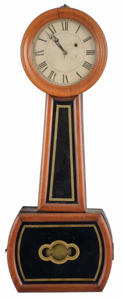 North Attleboro, Massachusetts "Banjo No. 5" Wall Clock with mahogany frames and tulip poplar carcass, roman numeral painted iron dial under a turned wooden bezel, half-round frames enclose black and gold glasses, eight day time only movement with recoil escapement, wooden pendulum rod, brass faced-bob and cast iron weight.